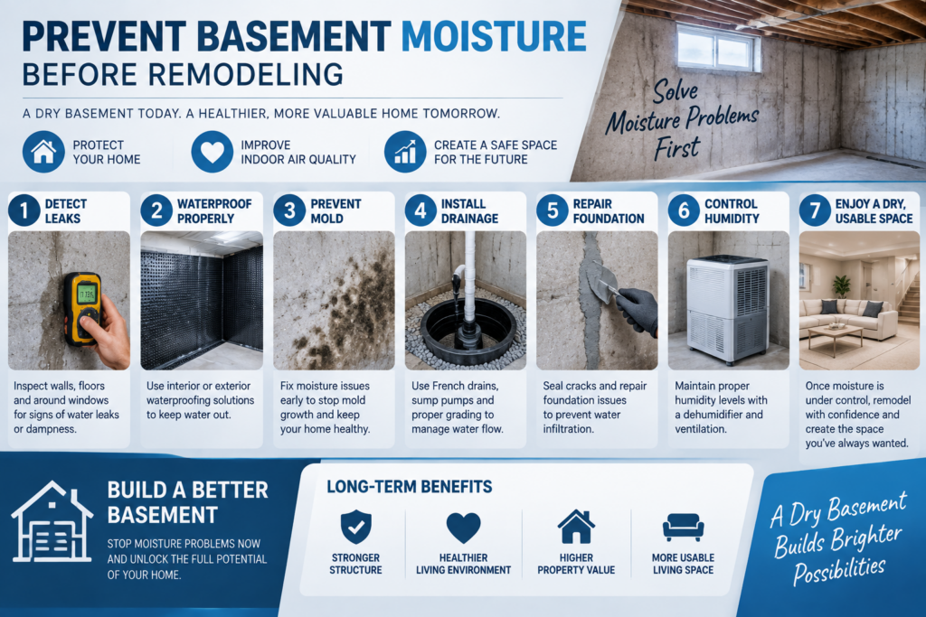 correct basement leaks and moisture problems before converting the area into a living space
